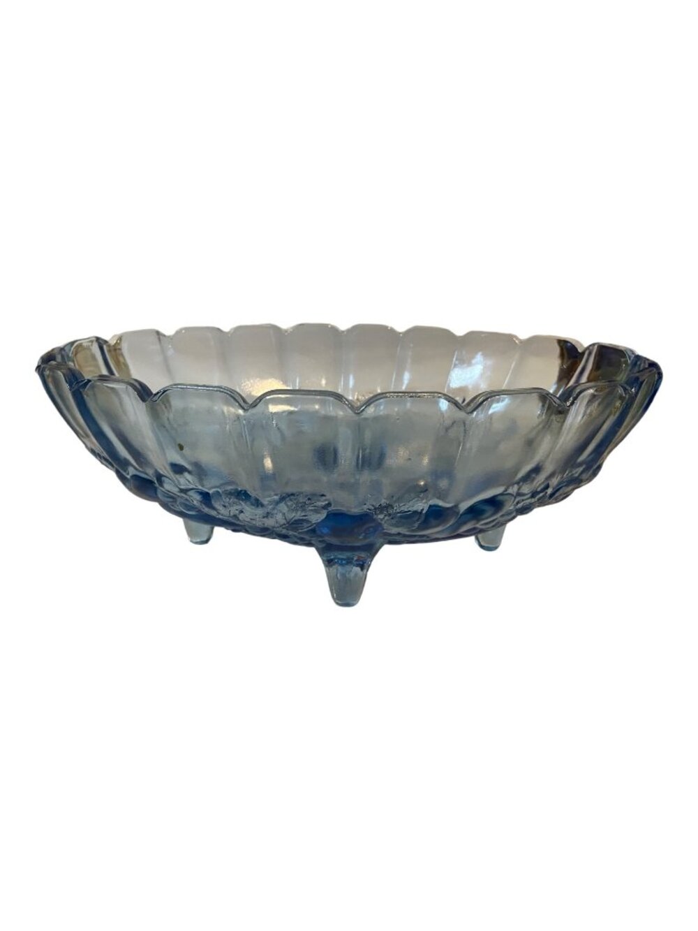 Vintage Indiana Glass Blue Harvest Grape Footed Oval Fruit Bowl Cottagecore MCM